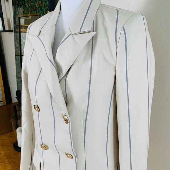 By Egreis Sz XS 2-Piece Suit Pants w/ Double Breasted Blazer Cream Blue Striped - Picture 3 of 13